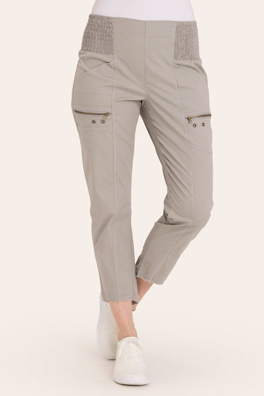 Core by Acker Zipper Slim Crop with shirred panels, zipper pockets, and raw-edge distressed rounded hem in Grey  - XCVI