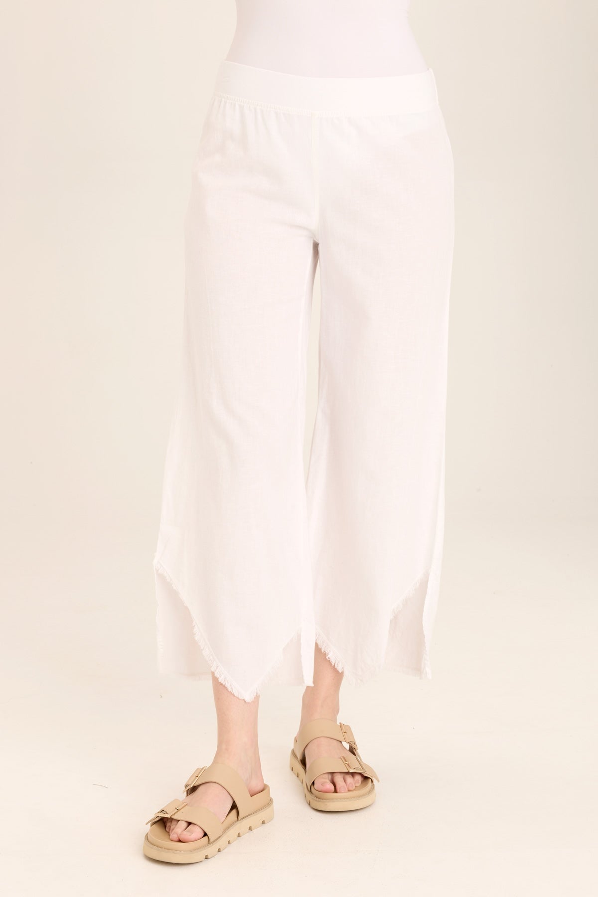 Wearables Astri Asymmetric Wide Leg Pant handkerchief hem crop in Cotton/Linen with pull-on waist in White White - XCVI