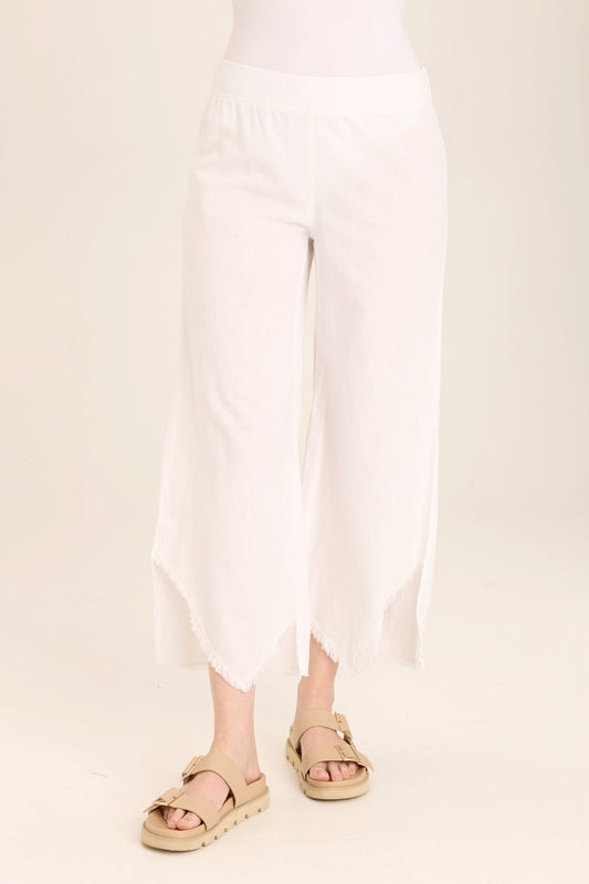 Wearables Astri Asymmetric Wide Leg Pant handkerchief hem crop in Cotton/Linen with pull-on waist in White White - XCVI