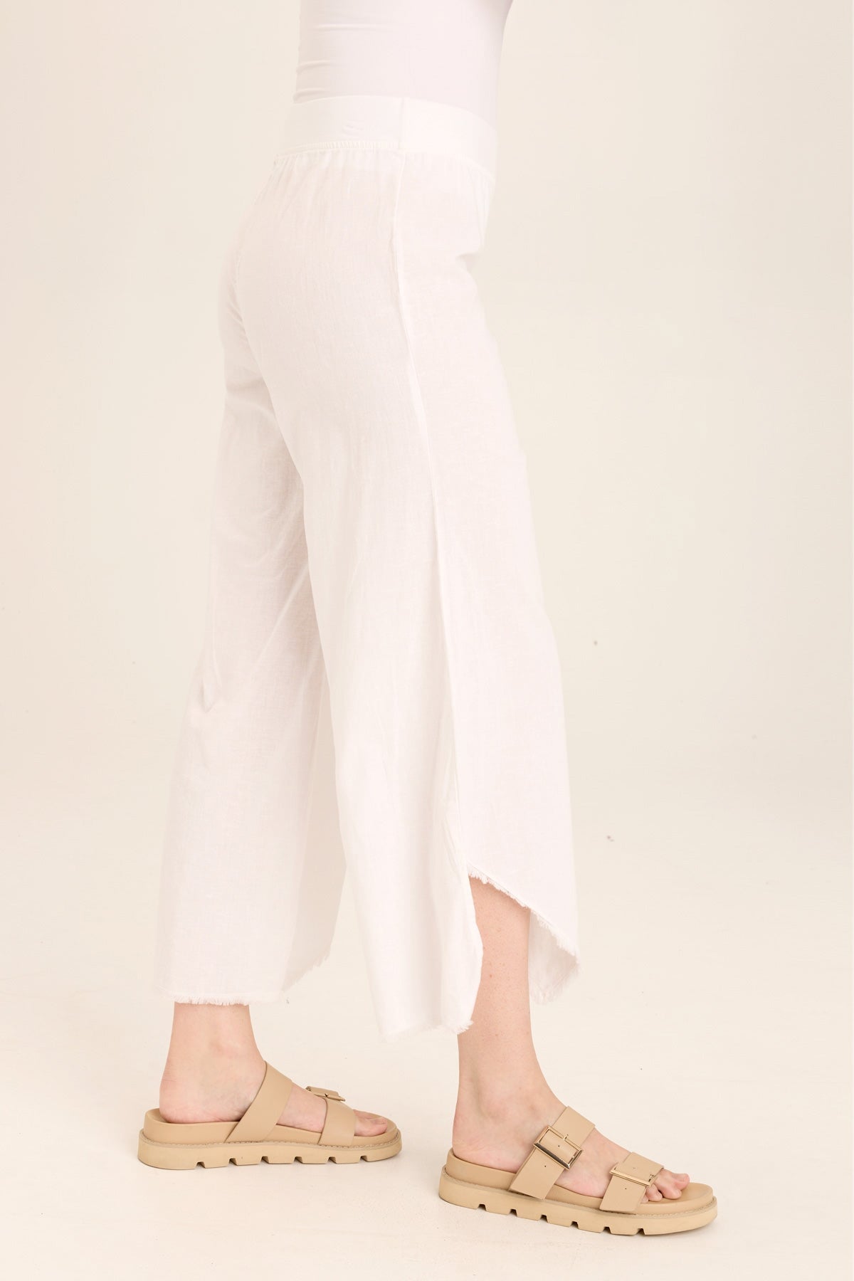 Wearables Astri Asymmetric Wide Leg Pant handkerchief hem crop in Cotton/Linen with pull-on waist in White White - XCVI