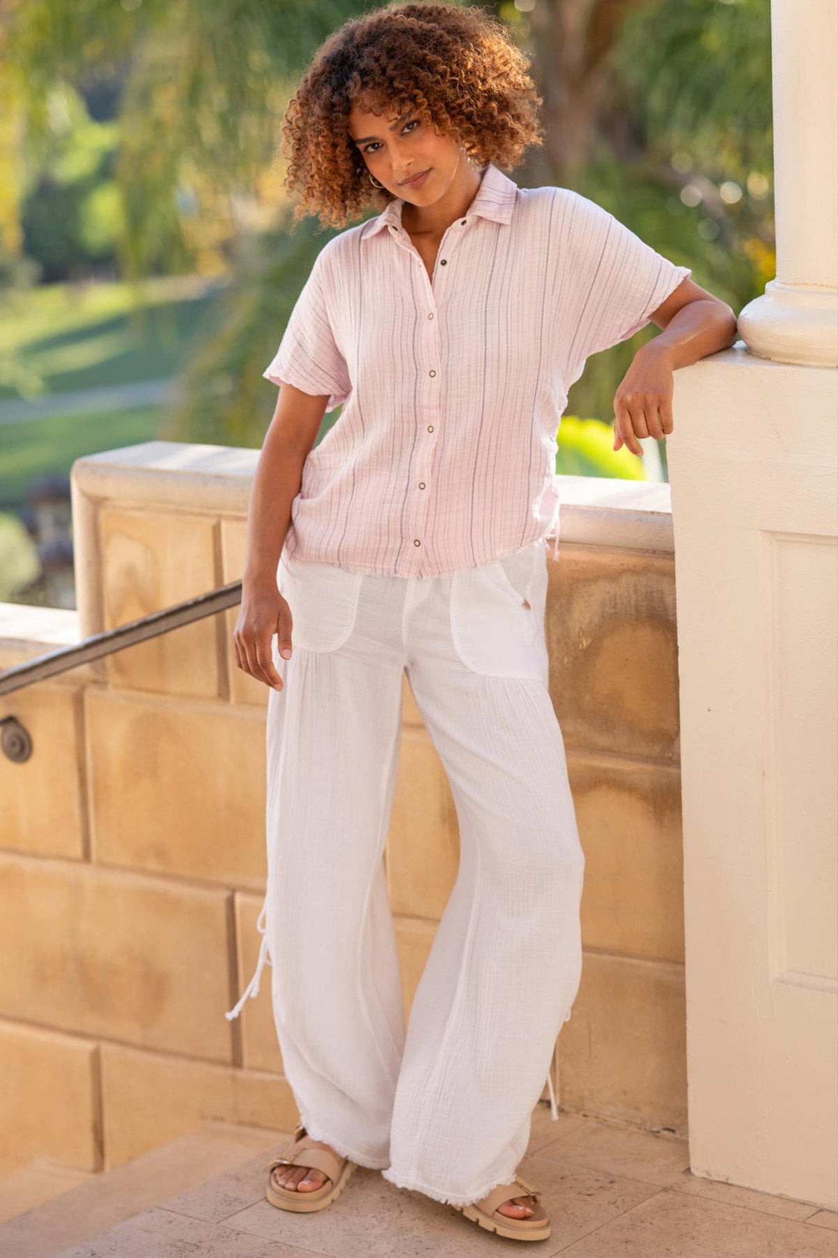 Muriel 100% Cotton Gauze Cincable Leg Pull-On Waist Wide-Leg Pant White - XCVI