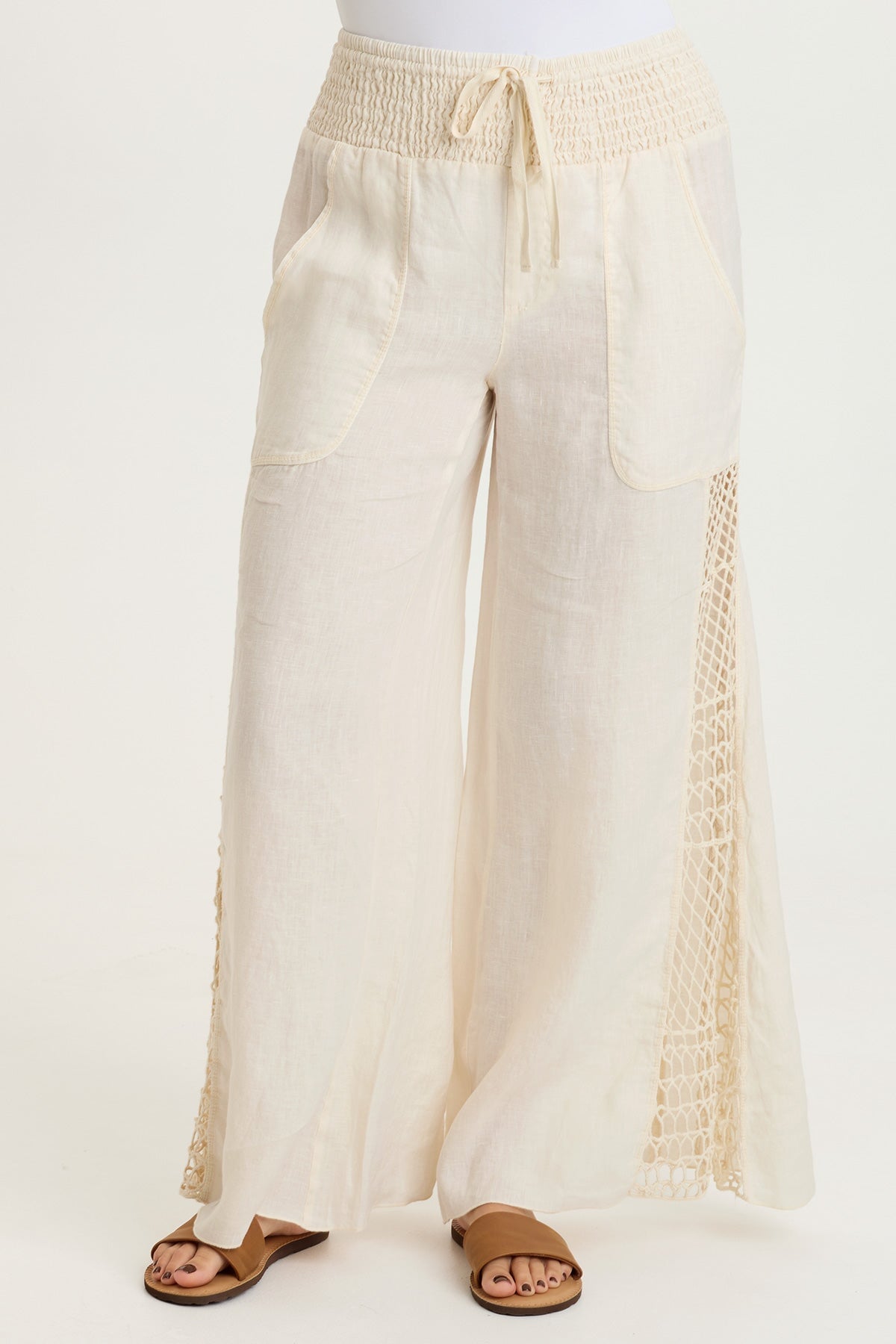 Garcia 100% Linen Smocked Pull-On Waist Crochet Panels Wide-Leg Pant Toasted Almond - XCVI