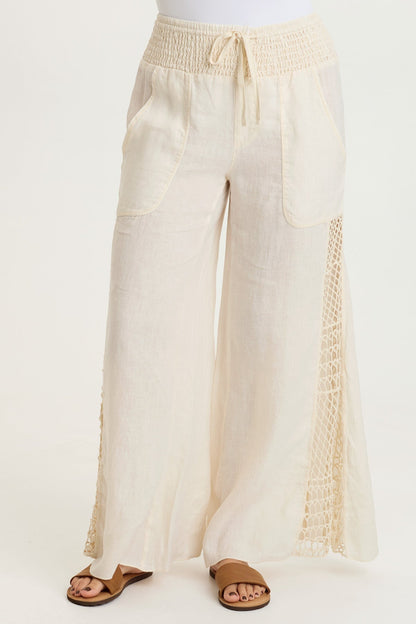 Garcia 100% Linen Smocked Pull-On Waist Crochet Panels Wide-Leg Pant Toasted Almond - XCVI