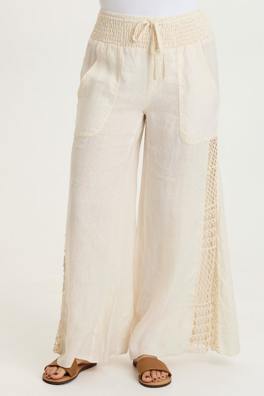 Garcia 100% Linen Smocked Pull-On Waist Crochet Panels Wide-Leg Pant Toasted Almond - XCVI