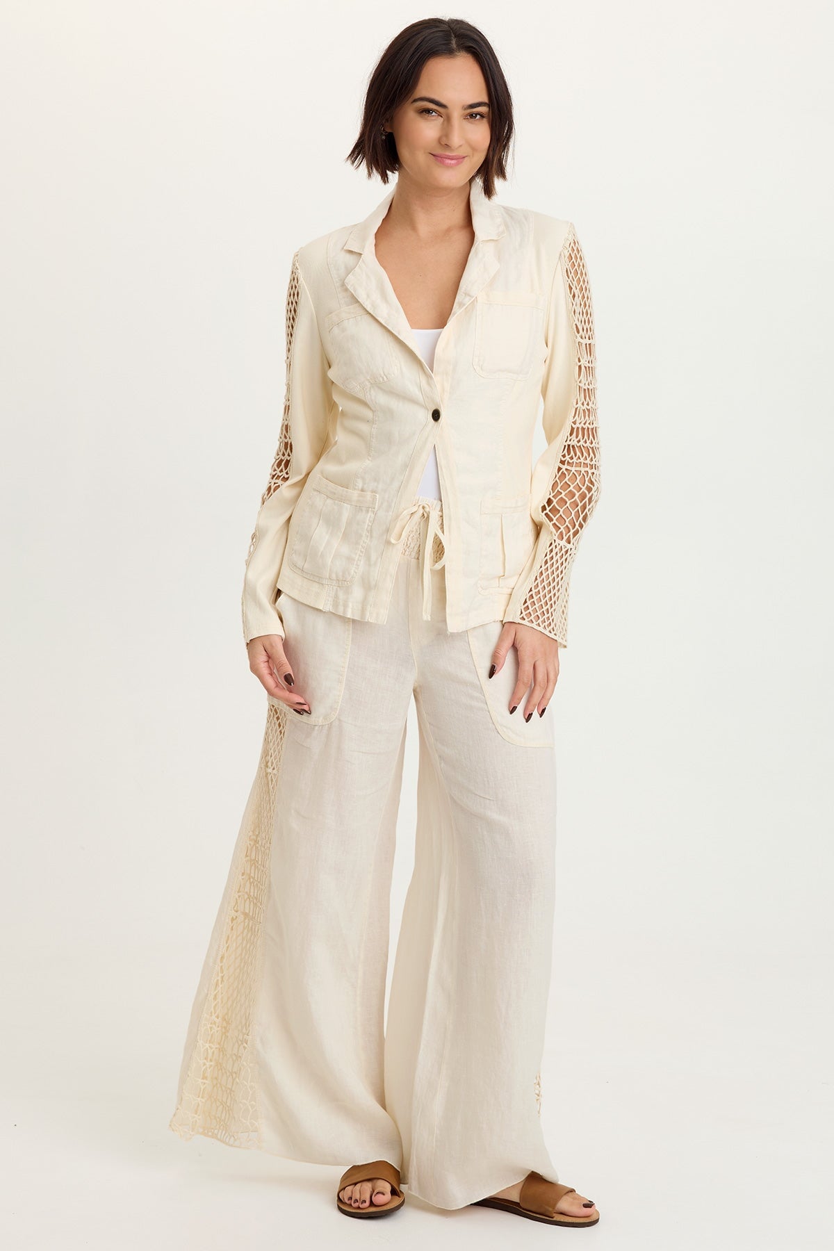 Garcia 100% Linen Smocked Pull-On Waist Crochet Panels Wide-Leg Pant Toasted Almond - XCVI