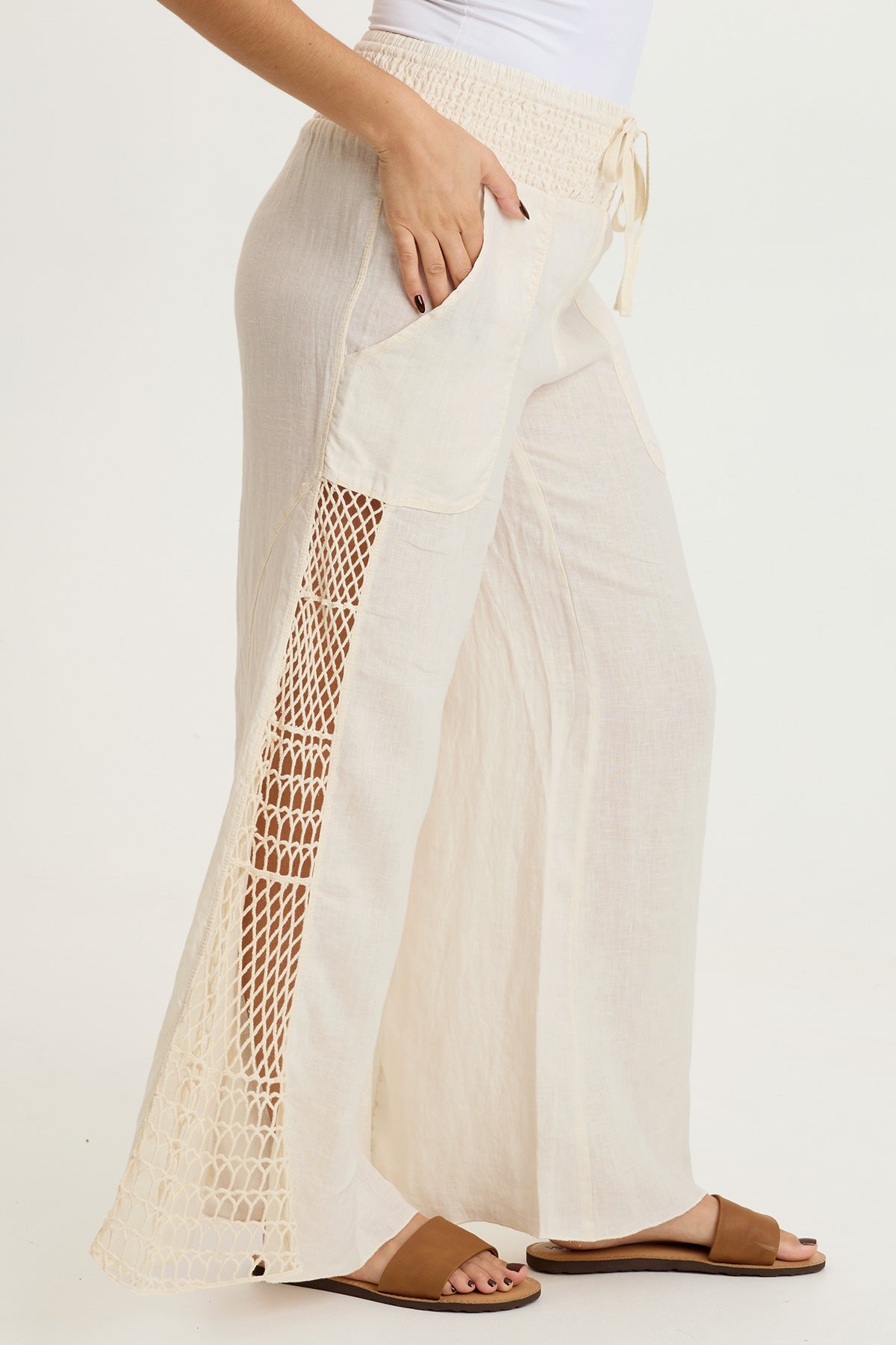 Garcia 100% Linen Smocked Pull-On Waist Crochet Panels Wide-Leg Pant Toasted Almond - XCVI