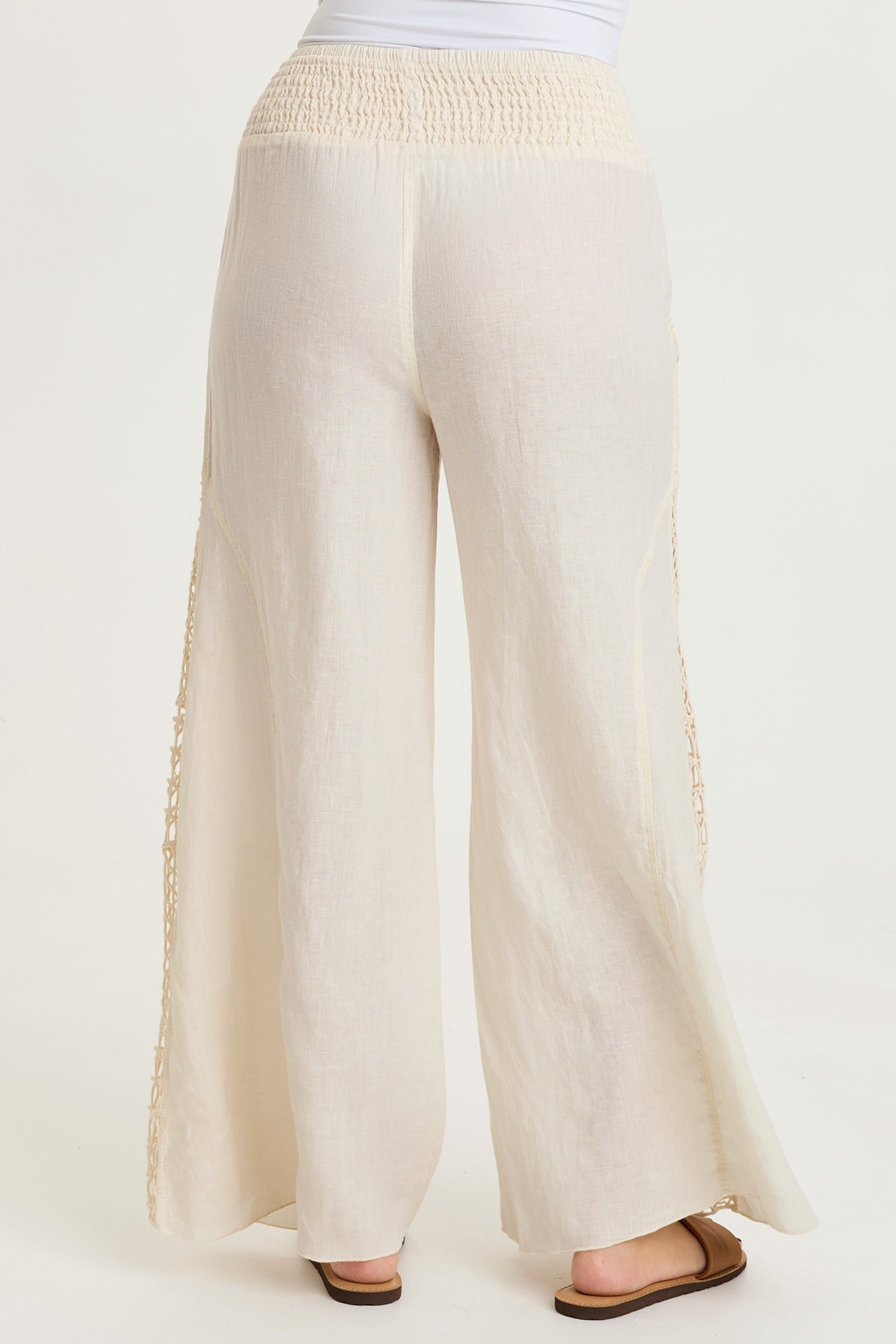 Garcia 100% Linen Smocked Pull-On Waist Crochet Panels Wide-Leg Pant Toasted Almond - XCVI