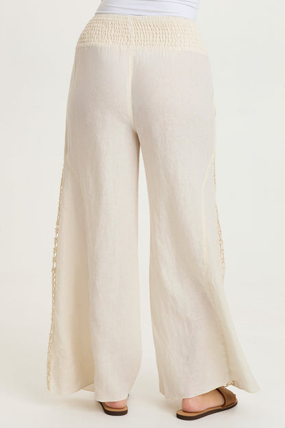 Garcia 100% Linen Smocked Pull-On Waist Crochet Panels Wide-Leg Pant Toasted Almond - XCVI
