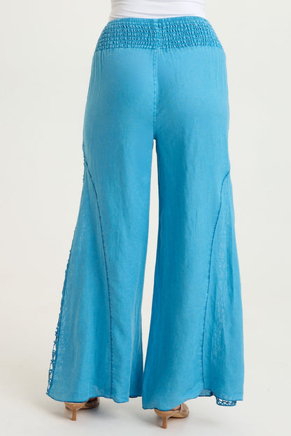 Garcia 100% Linen Smocked Pull-On Waist Crochet Panels Wide-Leg Pant Aztec Sky Pigment - XCVI