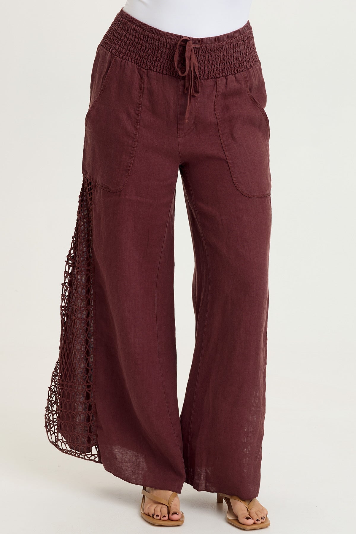 Garcia 100% Linen Smocked Pull-On Waist Crochet Panels Wide-Leg Pant Briar Wood - XCVI