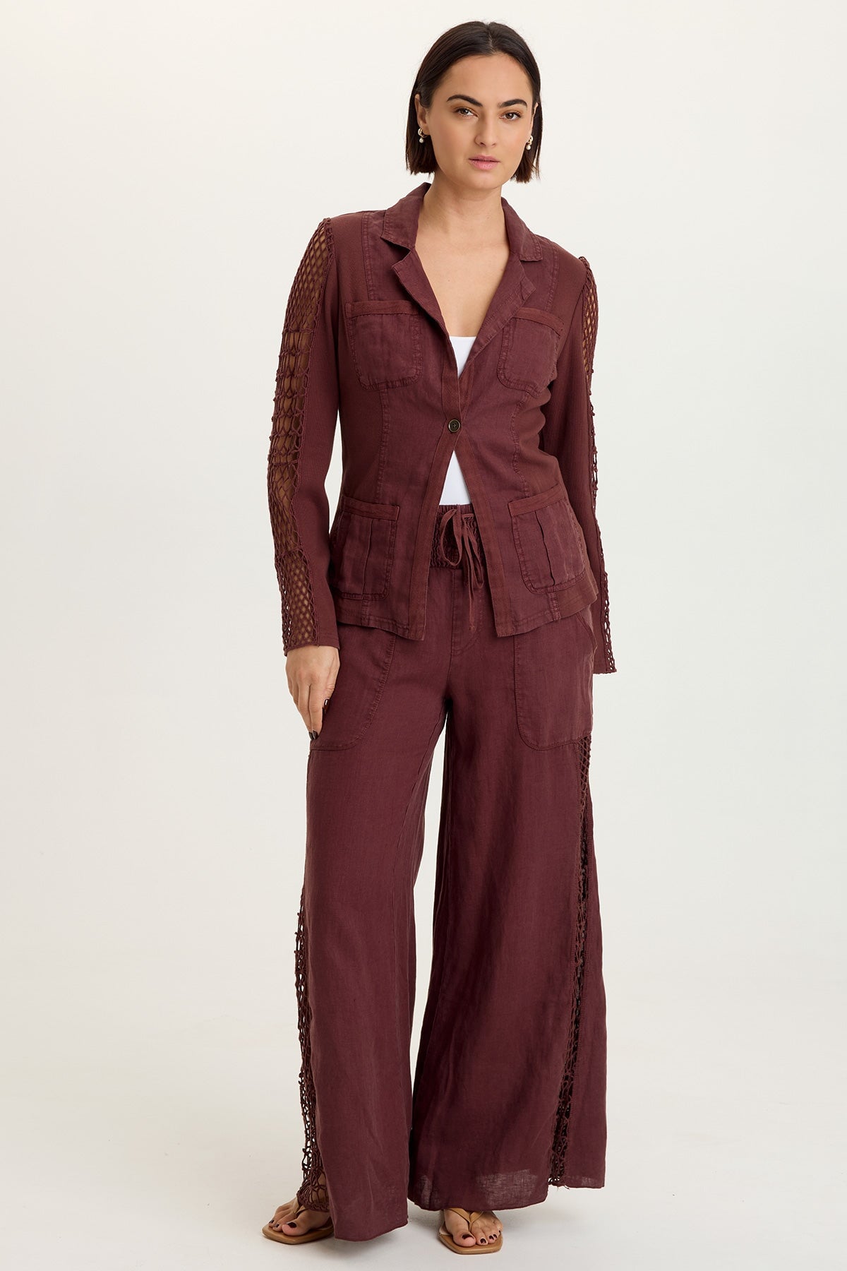 Garcia 100% Linen Smocked Pull-On Waist Crochet Panels Wide-Leg Pant Briar Wood - XCVI