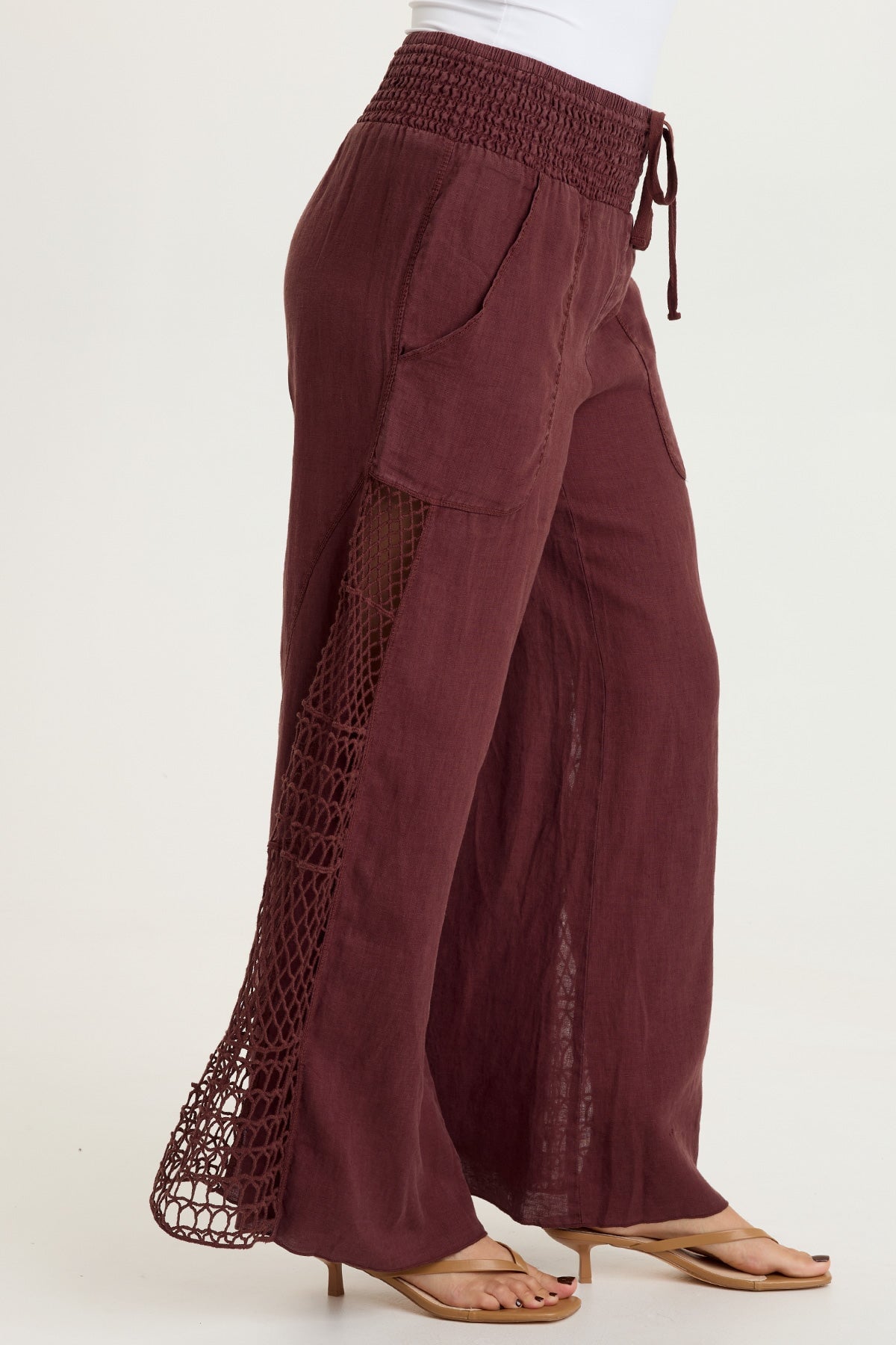 Garcia 100% Linen Smocked Pull-On Waist Crochet Panels Wide-Leg Pant Briar Wood - XCVI