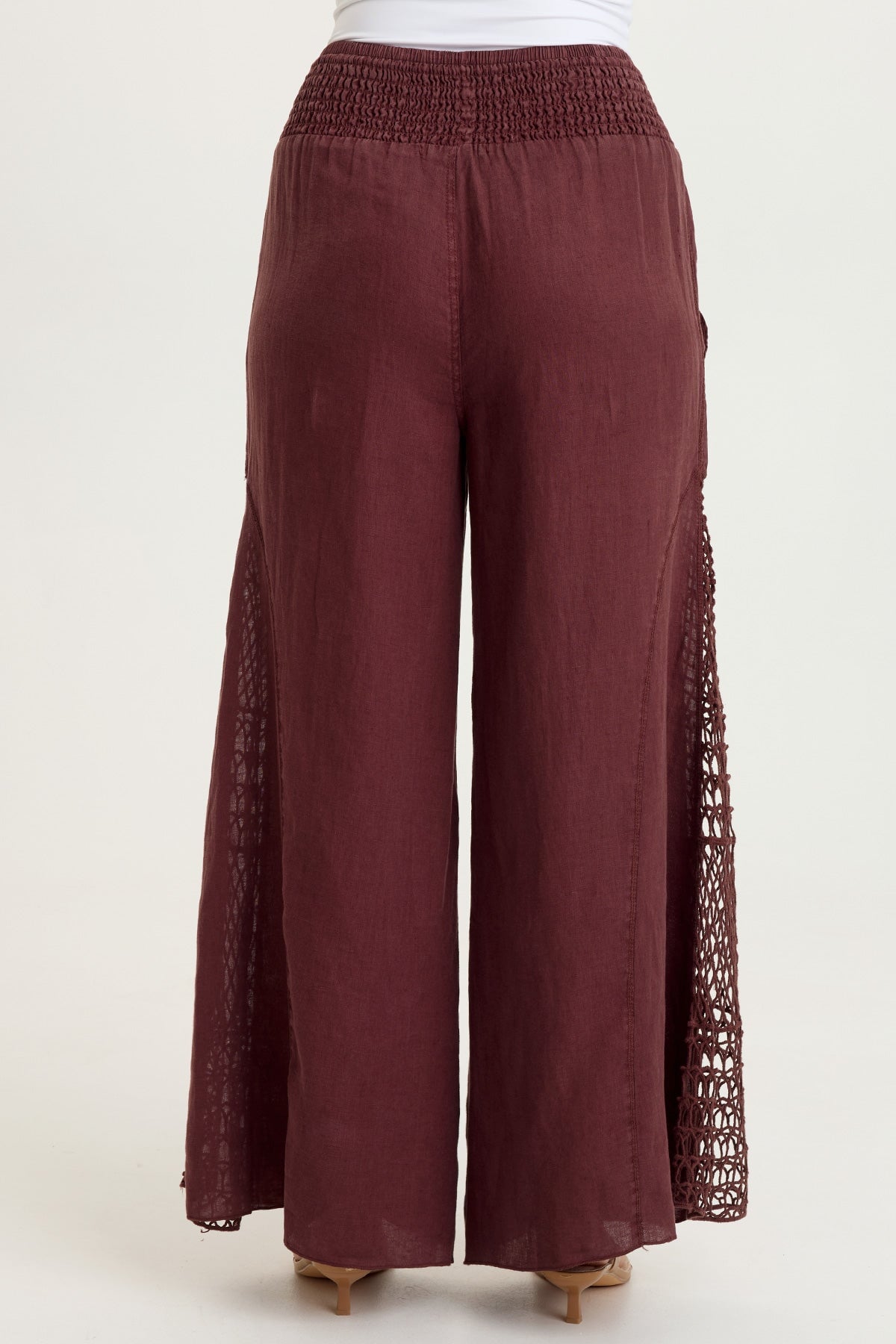 Garcia 100% Linen Smocked Pull-On Waist Crochet Panels Wide-Leg Pant Briar Wood - XCVI