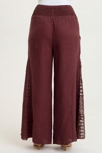 Garcia 100% Linen Smocked Pull-On Waist Crochet Panels Wide-Leg Pant Briar Wood - XCVI