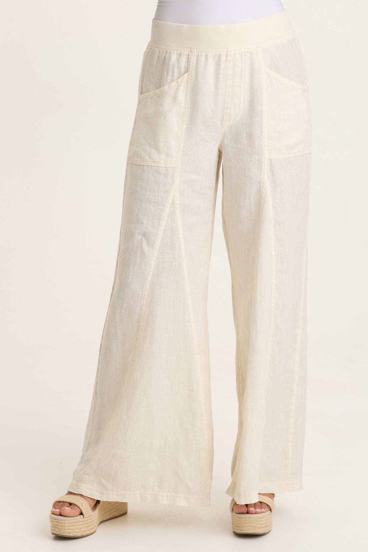 Elaine 100% Linen Godet Seam Pull-On Wide-Leg Pant Toasted Almond - XCVI