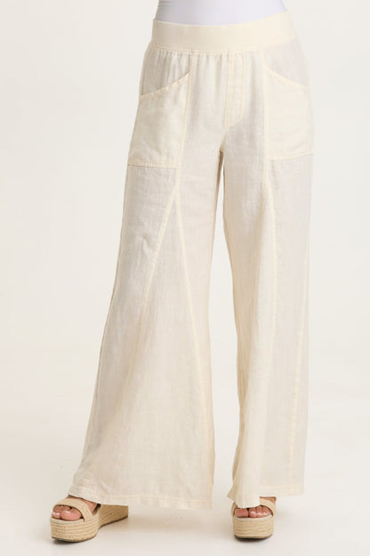 Elaine 100% Linen Godet Seam Pull-On Wide-Leg Pant Toasted Almond - XCVI