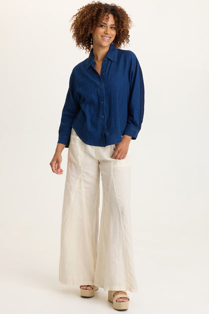 Elaine 100% Linen Godet Seam Pull-On Wide-Leg Pant Toasted Almond - XCVI
