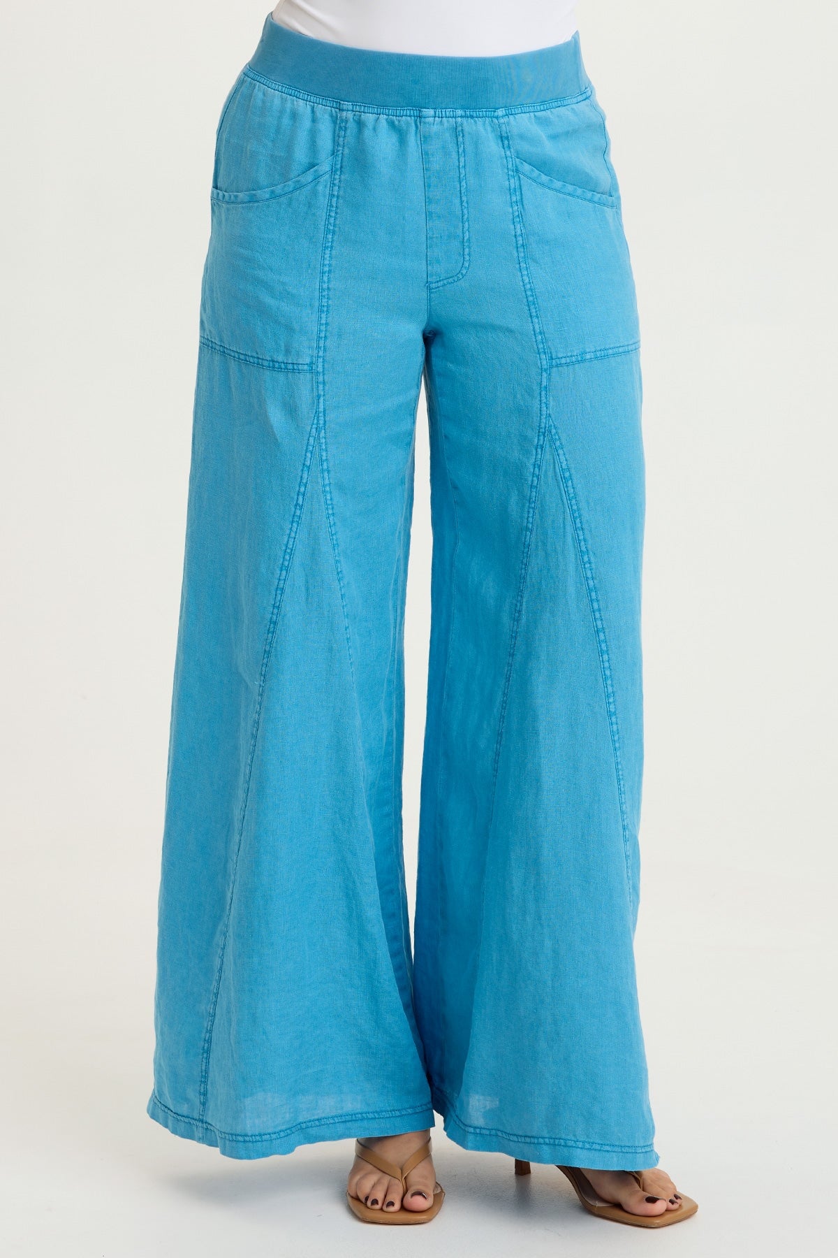 Elaine 100% Linen Godet Seam Pull-On Wide-Leg Pant Aztec Sky Pigment - XCVI