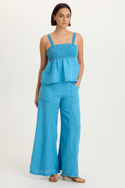 Elaine 100% Linen Godet Seam Pull-On Wide-Leg Pant Aztec Sky Pigment - XCVI