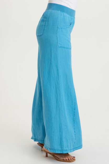 Elaine 100% Linen Godet Seam Pull-On Wide-Leg Pant Aztec Sky Pigment - XCVI