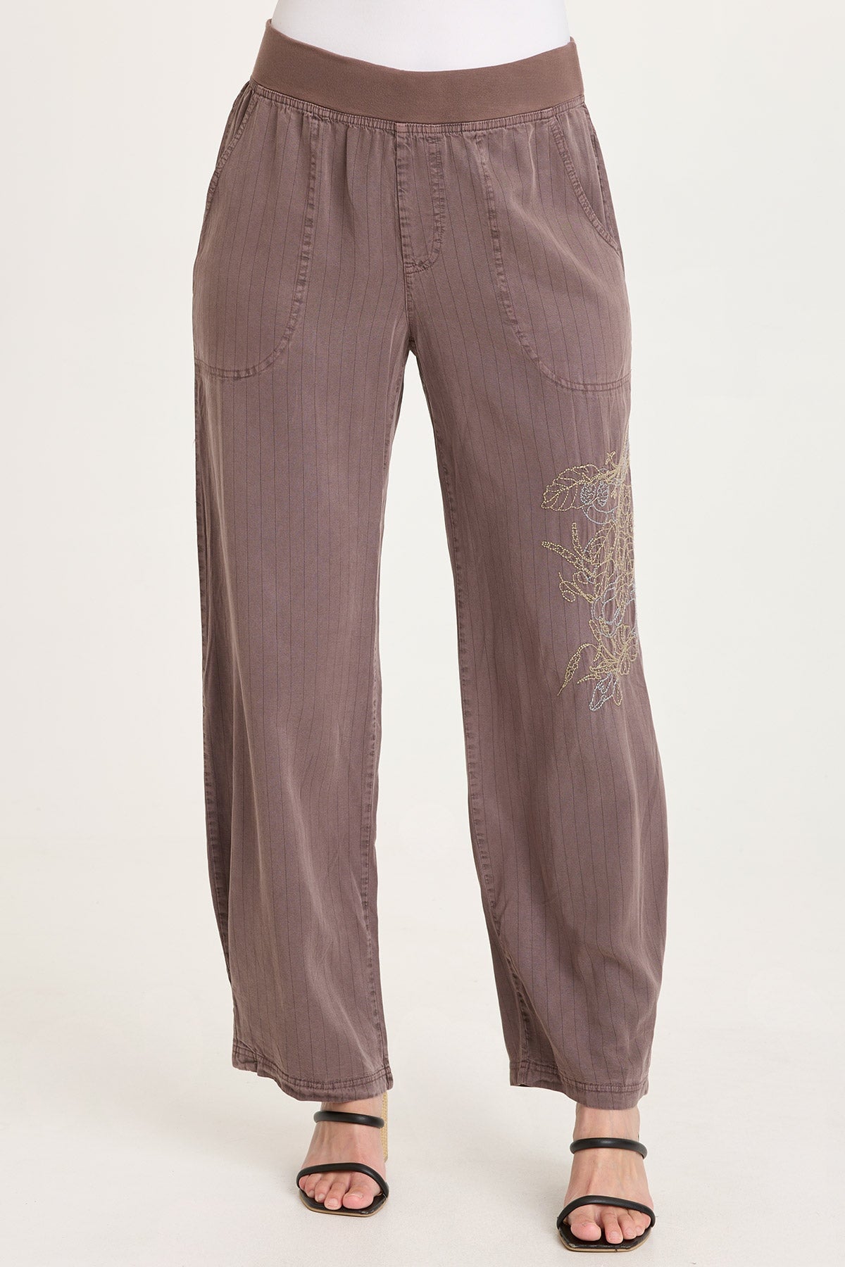 Carell Embroidered Pinstripe Twill Pleated Hem Full Leg Pant Virtuoso Pigment - XCVI