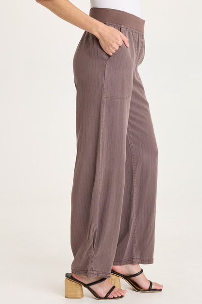 Carell Embroidered Pinstripe Twill Pleated Hem Full Leg Pant Virtuoso Pigment - XCVI