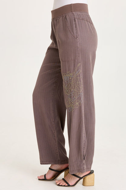 Carell Embroidered Pinstripe Twill Pleated Hem Full Leg Pant Virtuoso Pigment - XCVI