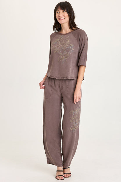 Carell Embroidered Pinstripe Twill Pleated Hem Full Leg Pant Virtuoso Pigment - XCVI