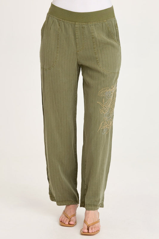 Carell Embroidered Pinstripe Twill Pleated Hem Full Leg Pant Espalier Pigment - XCVI