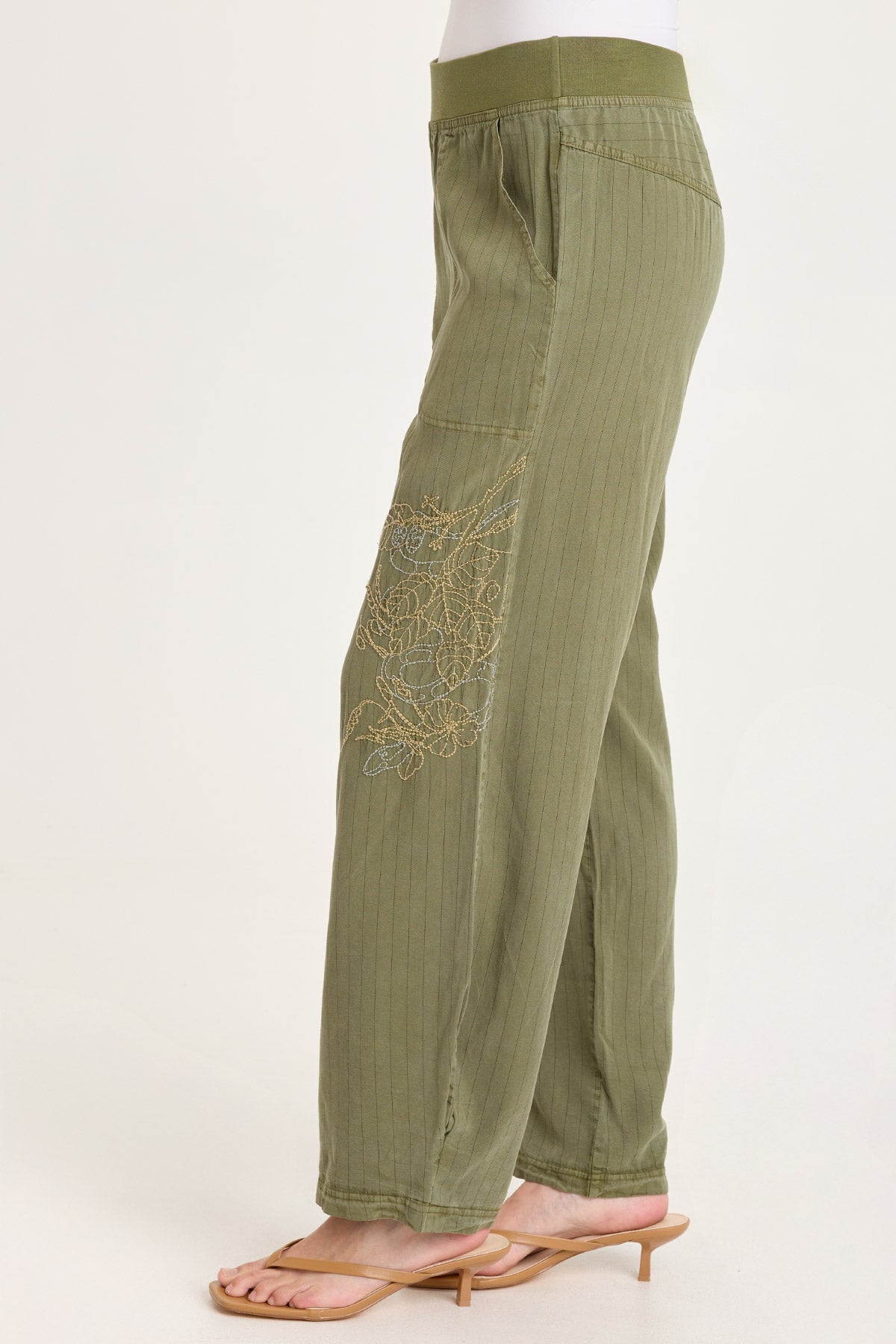 Carell Embroidered Pinstripe Twill Pleated Hem Full Leg Pant Espalier Pigment - XCVI