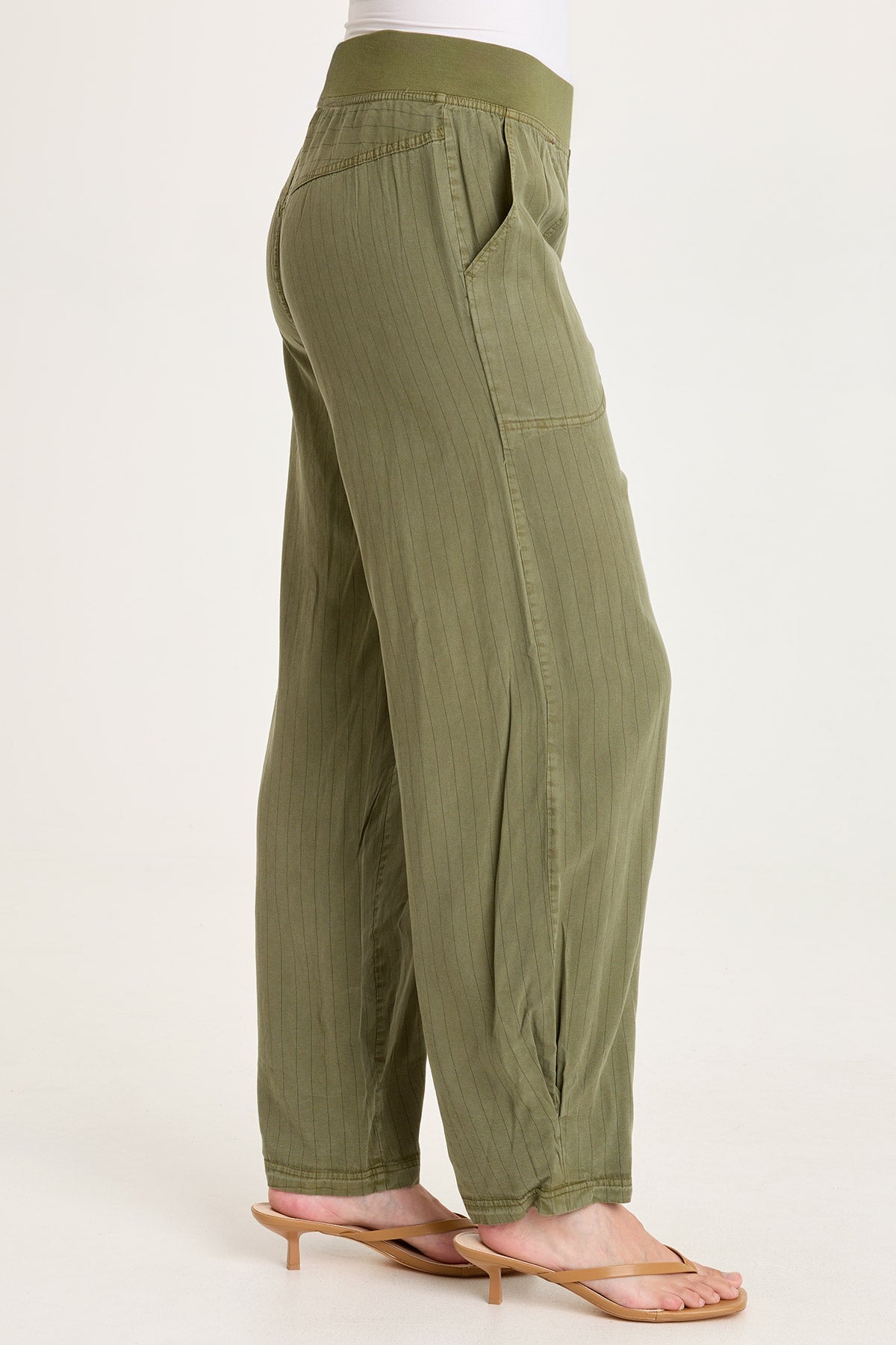 Carell Embroidered Pinstripe Twill Pleated Hem Full Leg Pant Espalier Pigment - XCVI