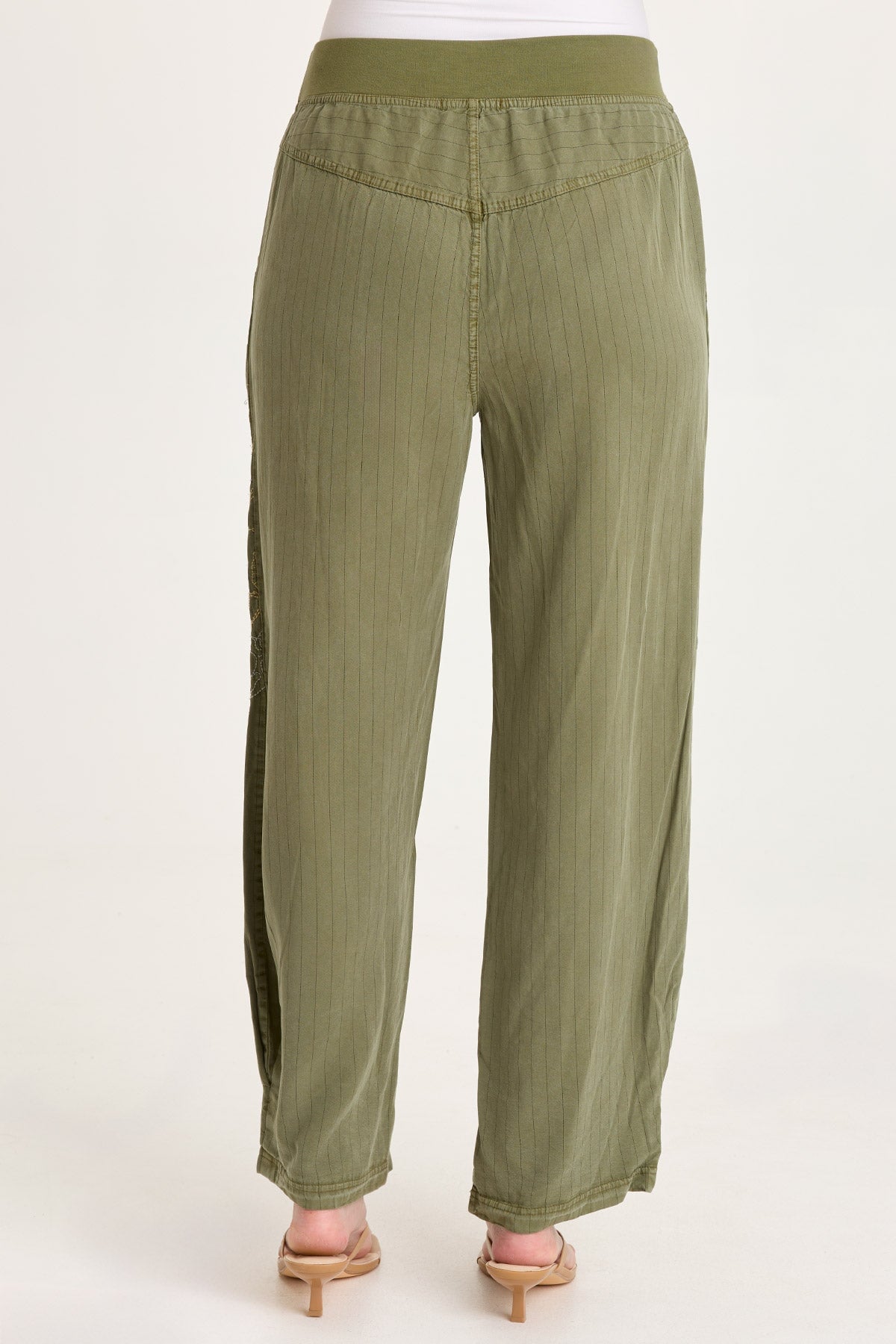 Carell Embroidered Pinstripe Twill Pleated Hem Full Leg Pant Espalier Pigment - XCVI