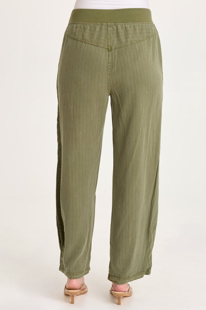 Carell Embroidered Pinstripe Twill Pleated Hem Full Leg Pant Espalier Pigment - XCVI