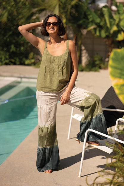 Werables Terraced Wide Leg Ruched Flare Drawstring Pant Tricolor Ombre Hawthorn - XCVI