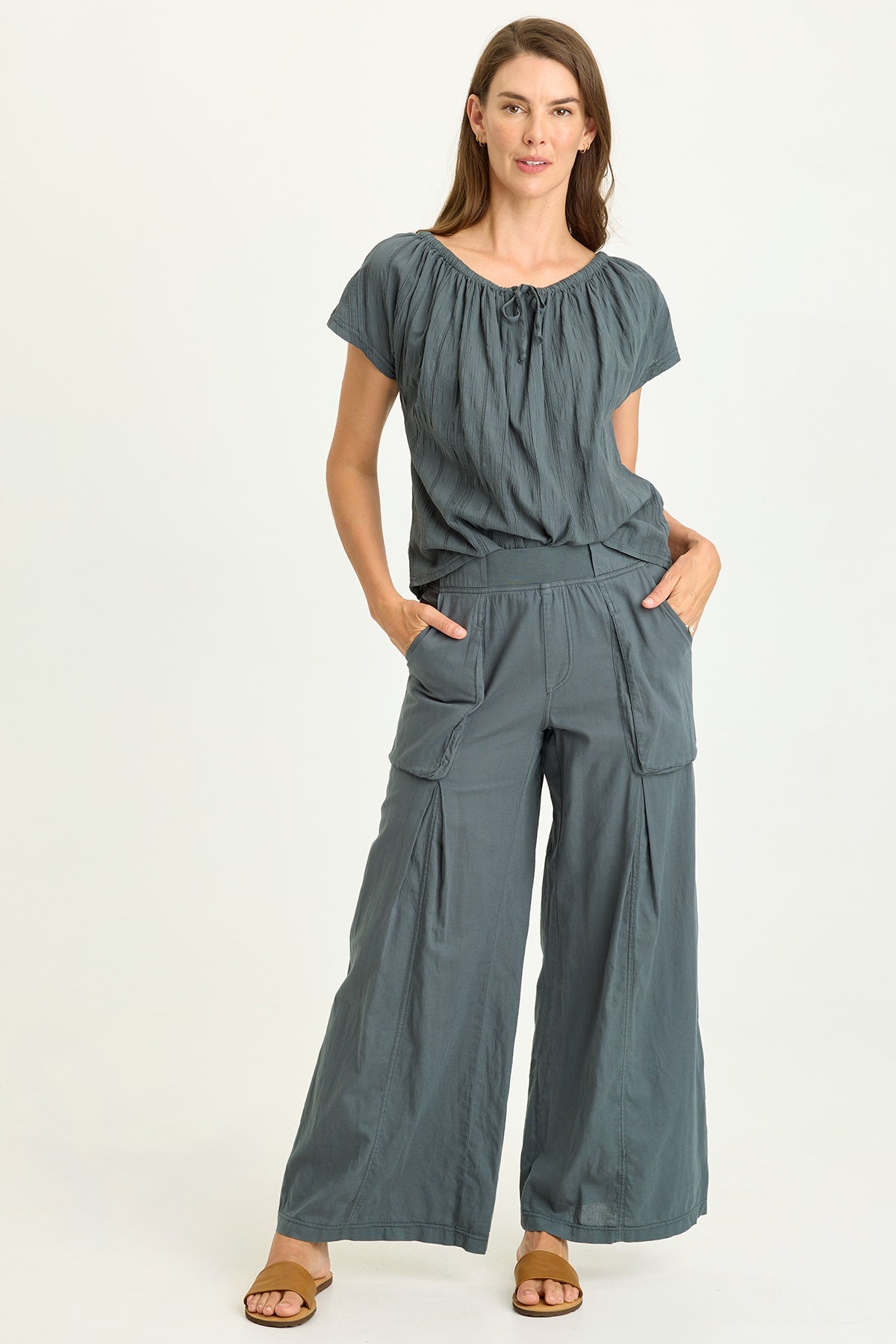 Wearables Charli Cotton Linen Inverted Box Pleats Pull-On Wide Leg Pants Hawthorn Leaf - XCVI