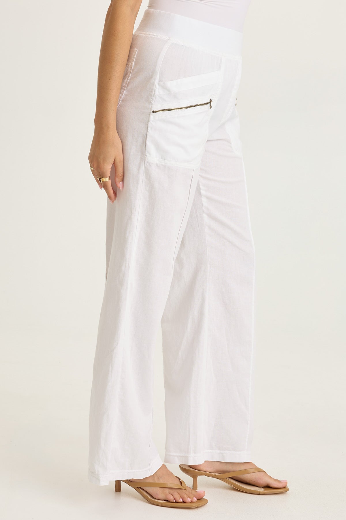 Wearables Torryn Cotton Linen Zipper Pockets Pull-On Pant White - XCVI