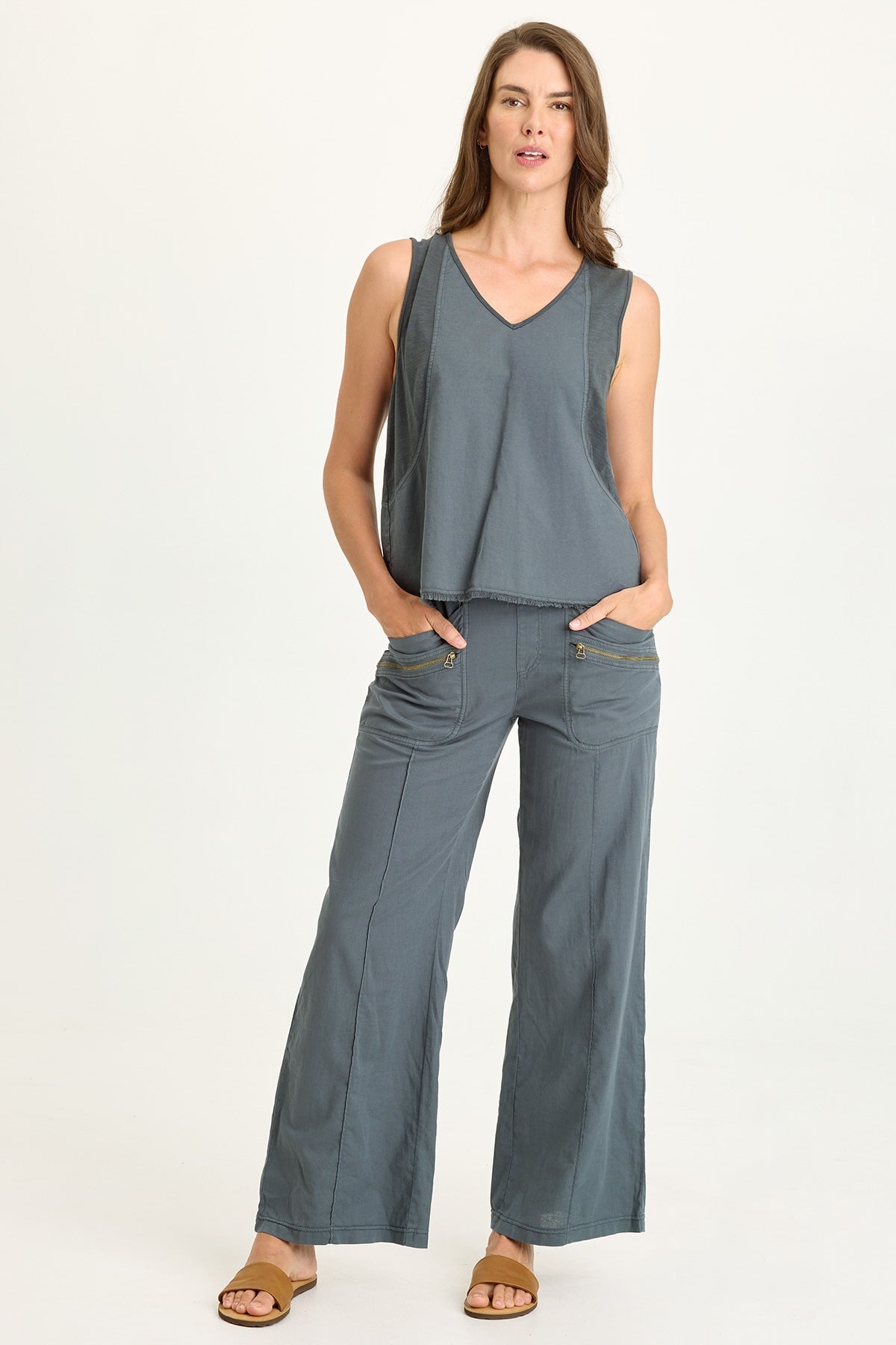 Wearables Torryn Cotton Linen Zipper Pockets Pull-On Pant Hawthorn Leaf - XCVI