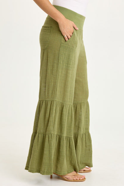 Wearables Lando Cotton Gauze Tiered-Bottom Pull-On Waist Wide Leg Pant Garnish Pigment - XCVI
