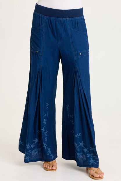 Jerona Printed Indigo Twill Double Pleated Wide-Leg Pant Sluice Wash - XCVI
