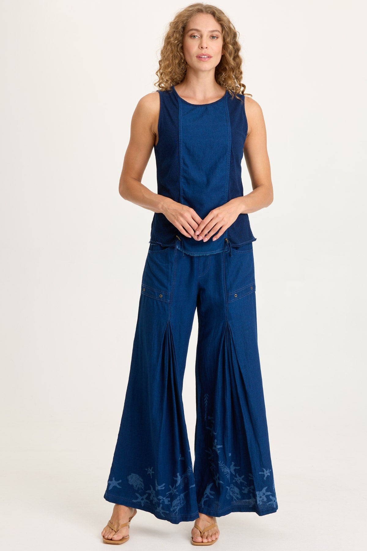 Jerona Printed Indigo Twill Double Pleated Wide-Leg Pant Sluice Wash - XCVI