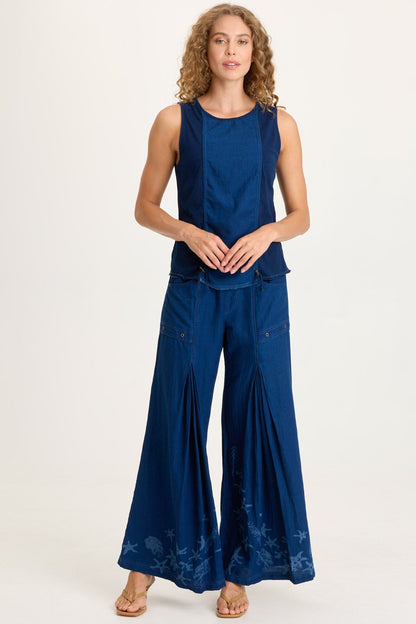 Jerona Printed Indigo Twill Double Pleated Wide-Leg Pant Sluice Wash - XCVI
