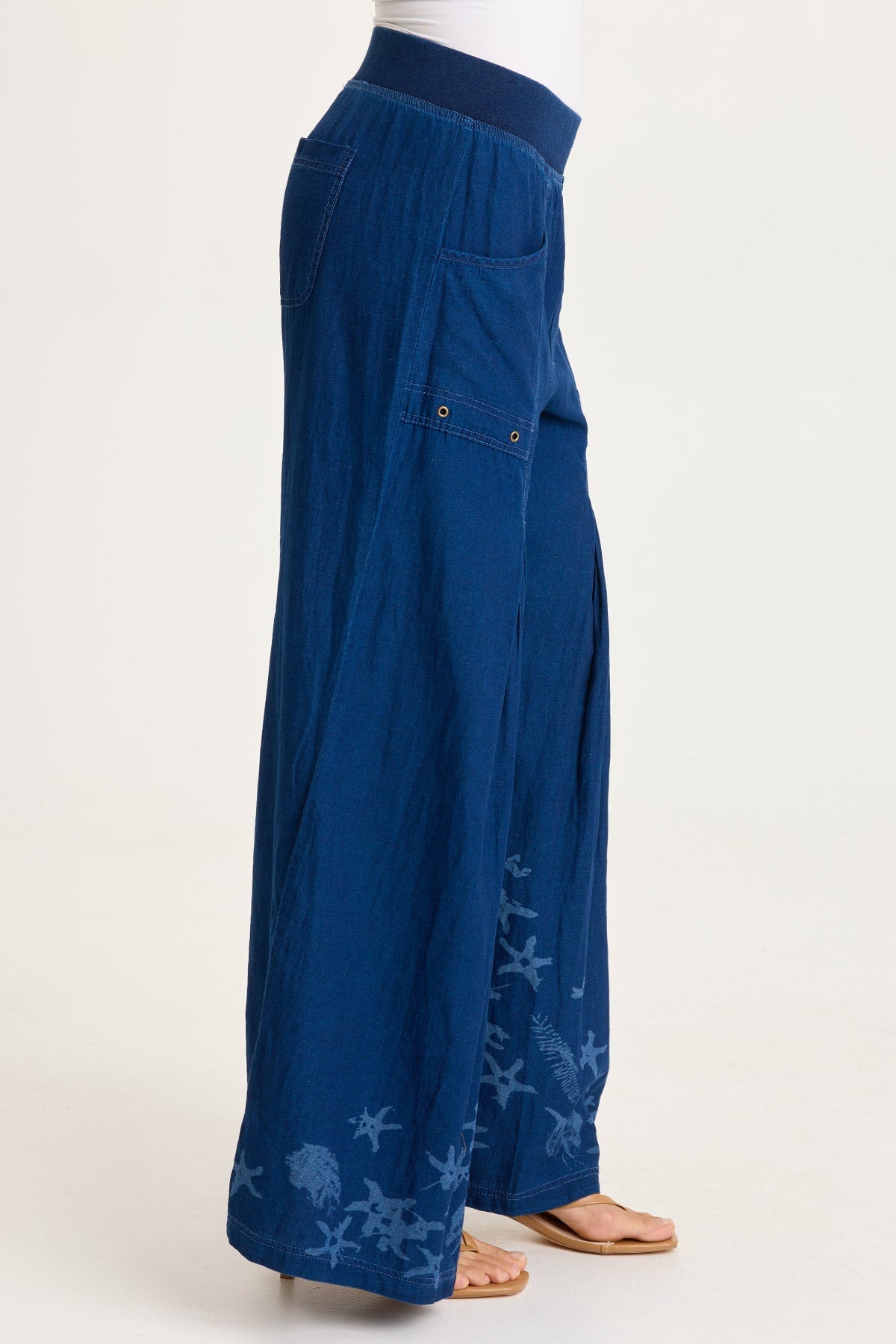 Jerona Printed Indigo Twill Double Pleated Wide-Leg Pant Sluice Wash - XCVI