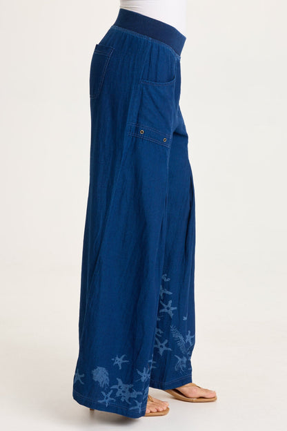 Jerona Printed Indigo Twill Double Pleated Wide-Leg Pant Sluice Wash - XCVI