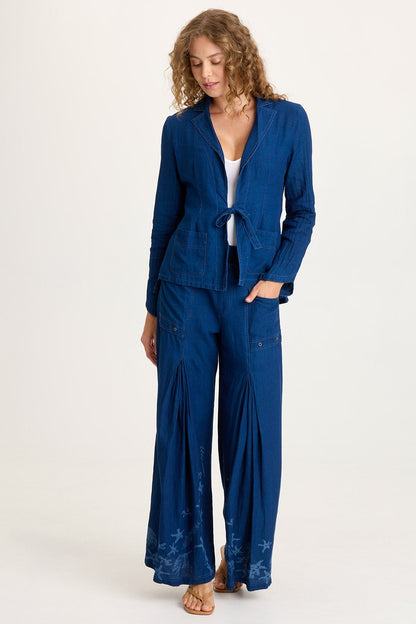 Jerona Printed Indigo Twill Double Pleated Wide-Leg Pant Sluice Wash - XCVI
