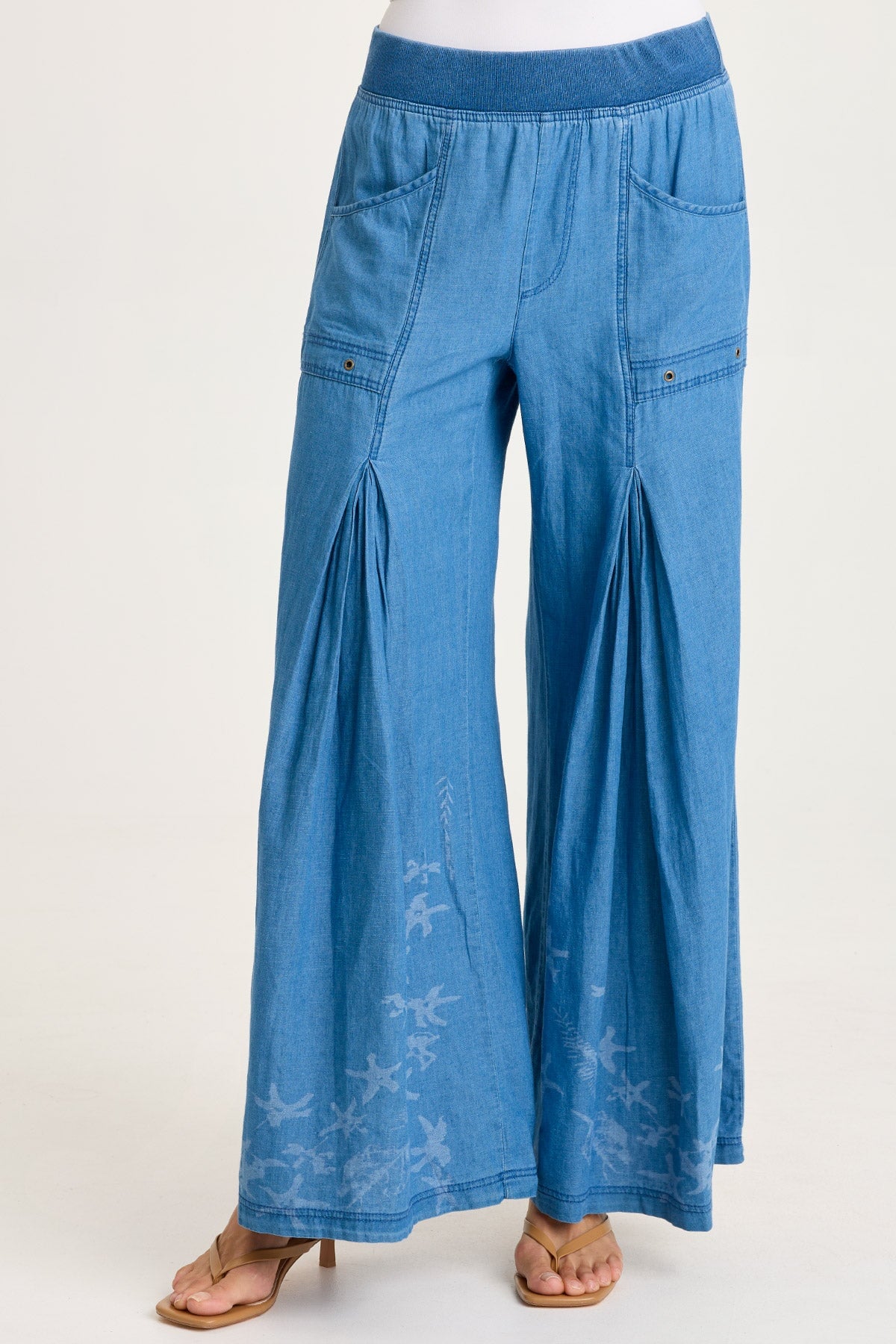 Jerona Printed Indigo Twill Double Pleated Wide-Leg Pant Etiolate Wash - XCVI