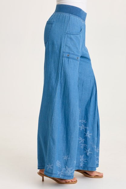 Jerona Printed Indigo Twill Double Pleated Wide-Leg Pant Etiolate Wash - XCVI