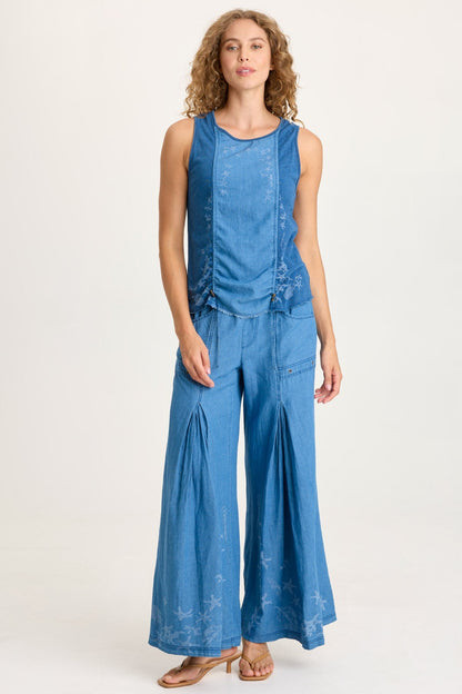 Jerona Printed Indigo Twill Double Pleated Wide-Leg Pant Etiolate Wash - XCVI