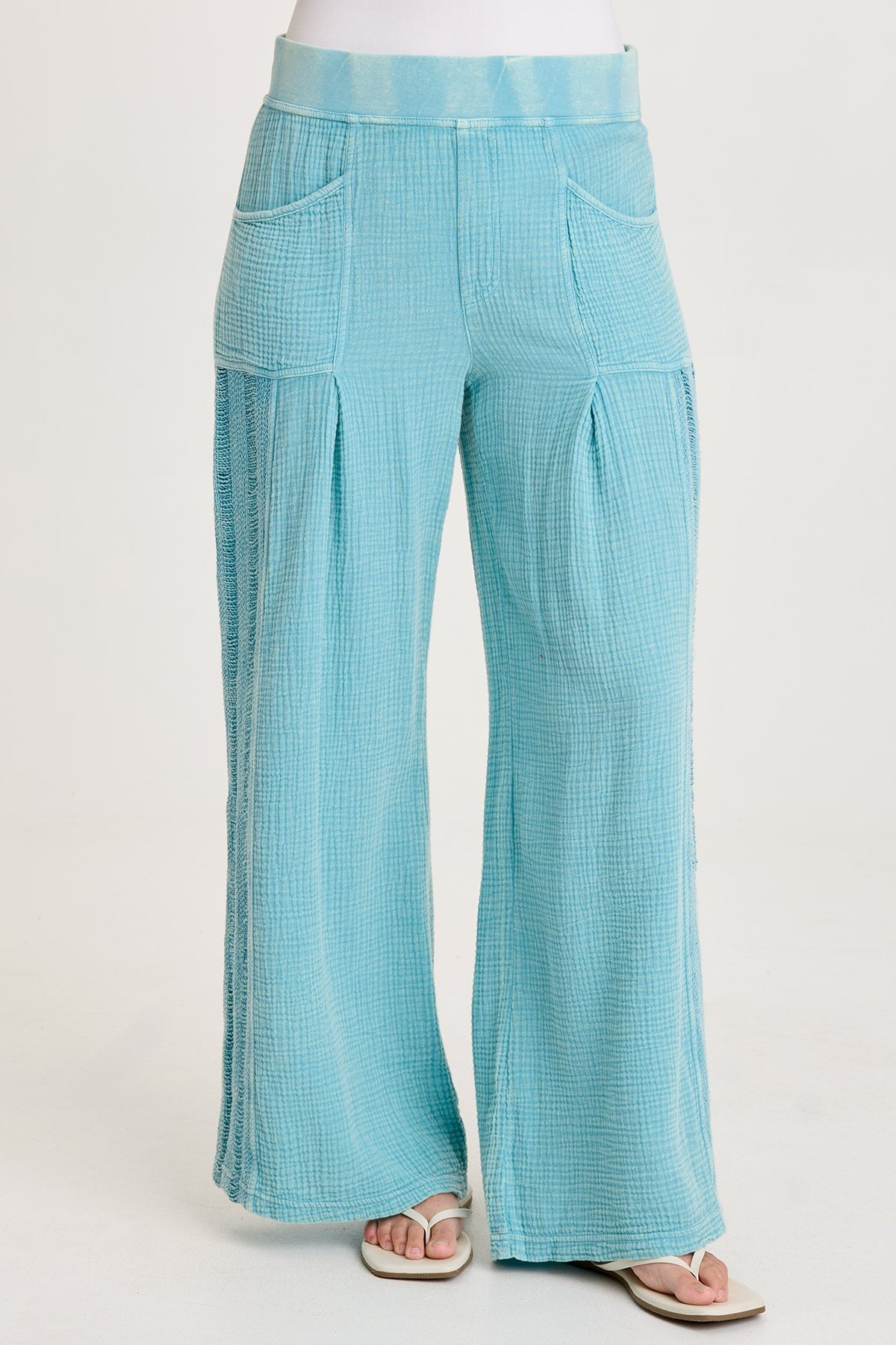 Elu Gauze Ladder Lace Trim Wide-Leg Pull-On Pant Distress Wash Waterfall - XCVI