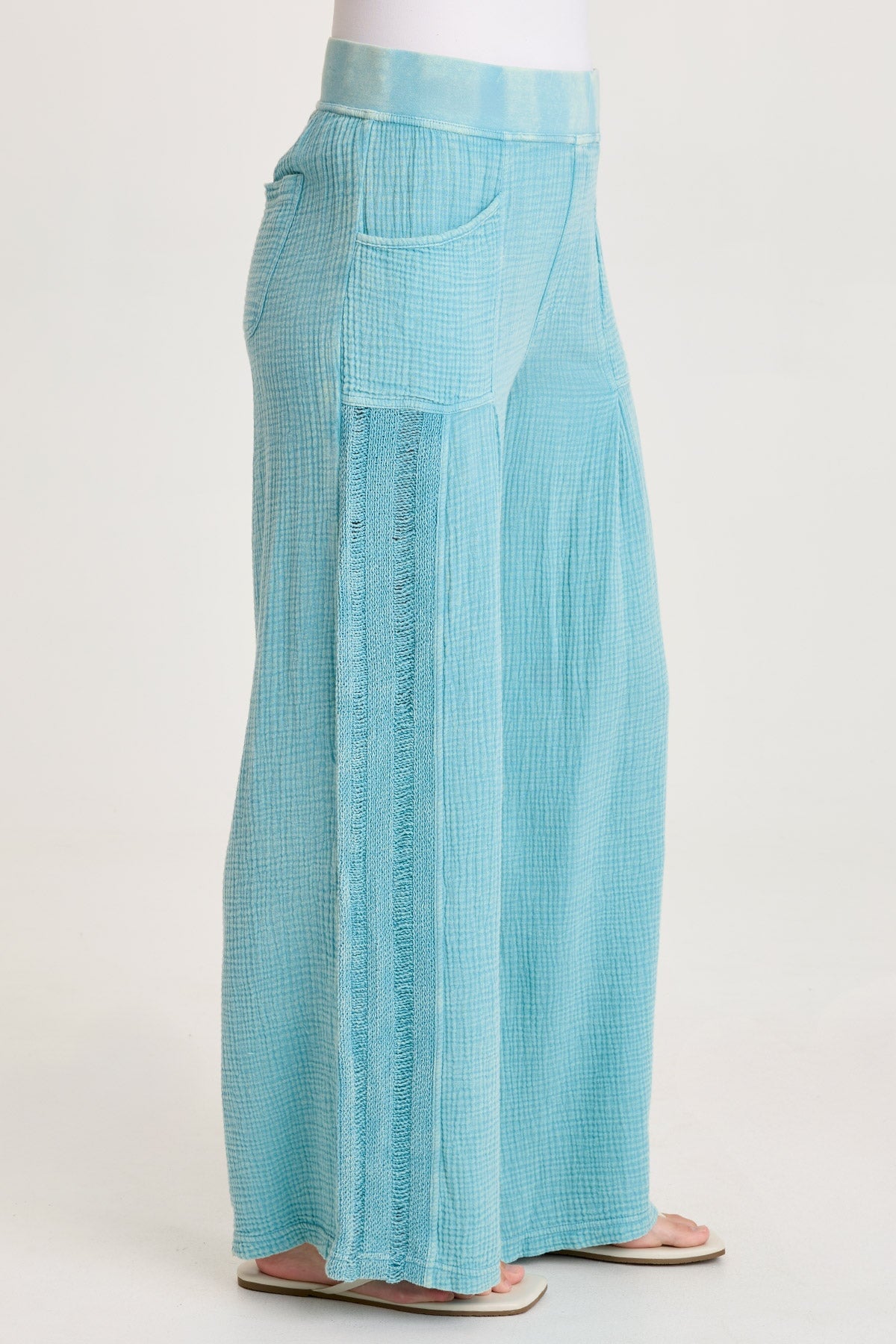Elu Gauze Ladder Lace Trim Wide-Leg Pull-On Pant Distress Wash Waterfall - XCVI