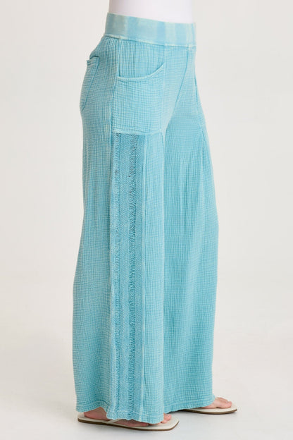 Elu Gauze Ladder Lace Trim Wide-Leg Pull-On Pant Distress Wash Waterfall - XCVI